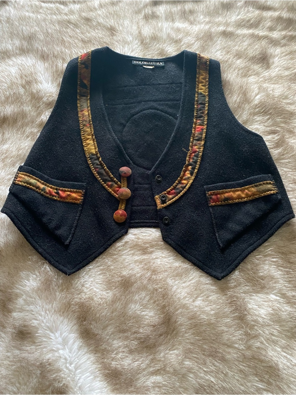 Black Wool Crop Vest with Decorative Trim